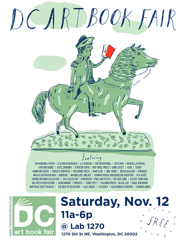 flyer for 2017 DC Art Book Fair with drawing of man on horse