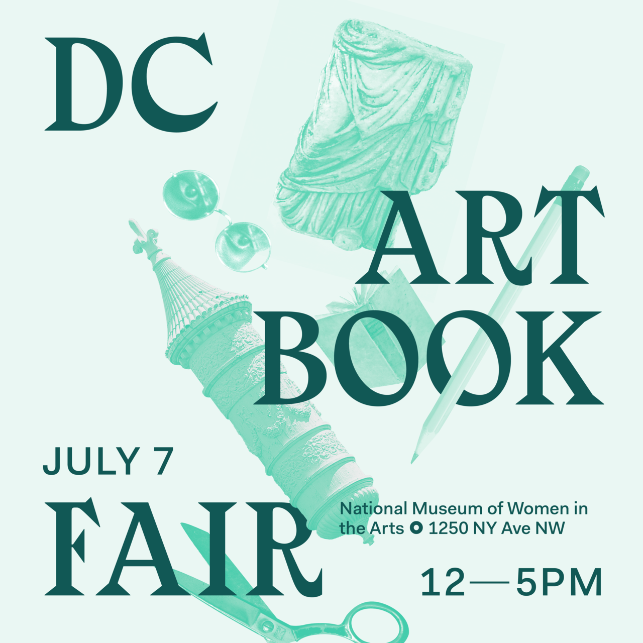 flyer for 2019 DC Art Book Fair with collage of pencil book scissors and other miscellaneous elements