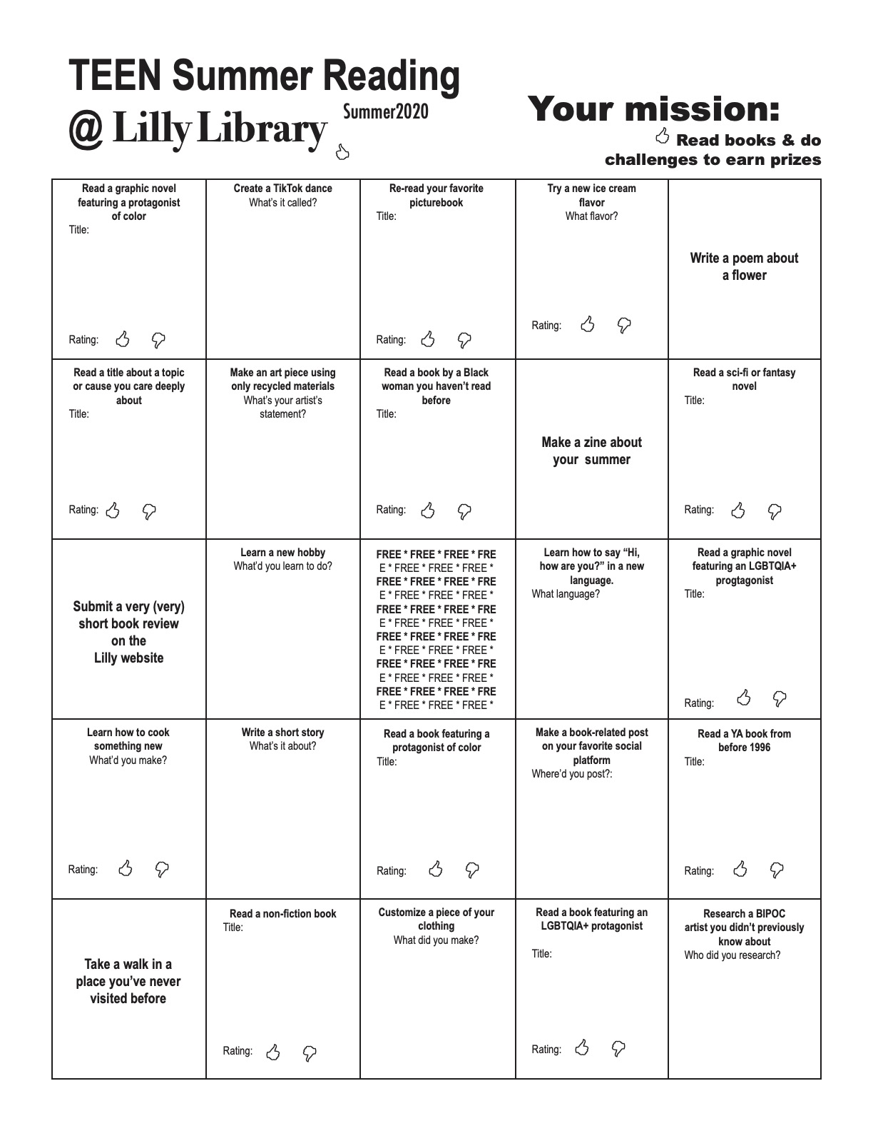bingo board for summer reading program at Lilly
